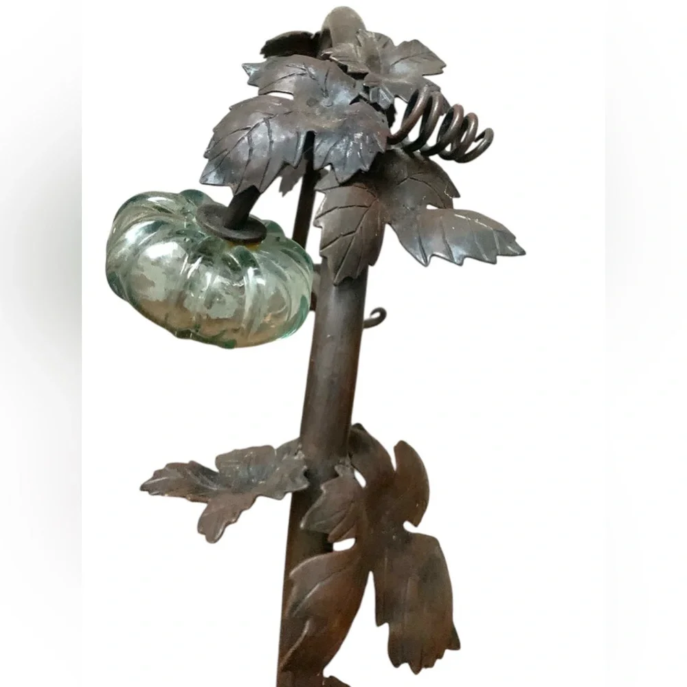 Large 30” Gathering Basket w Glass Pumpkins Metal Leaf Vine & Handle Log Holder